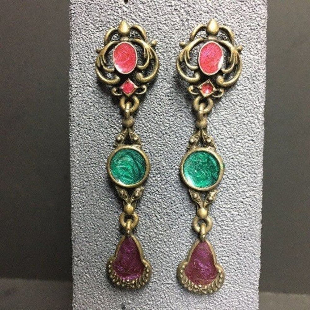 Dangle Pierced Earrings Bronze Retro Pink Purple Green Enamel Retro BoHo Barbie